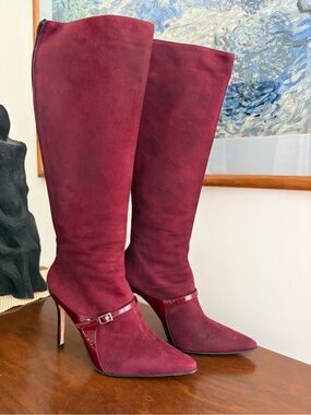 Burgundy Suede Knee-High Heeled Boots